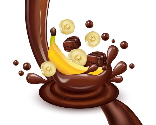 Banane chocolat éclaboussure vecteur réaliste — Image vectorielle