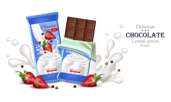 Barra de chocolate de morango com leite creme splash Vector realista. Embalagem do produto mock up — Vetor de Stock