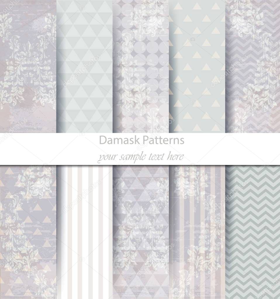 Baroque pattern trendy texture set collection Vector. Royal ornament fabric decor illustrations. Abstract modern combinations