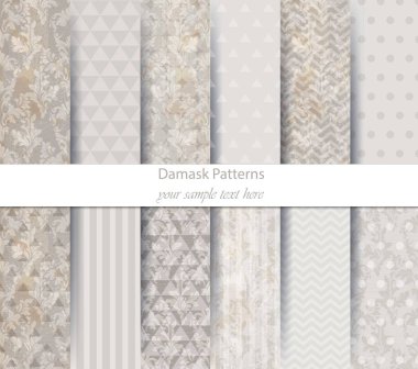 Klasik süsleme desen trendy doku toplama vektör kümesi. Kraliyet kumaş dekor illüstrasyon. Soyut modern kombinasyonları