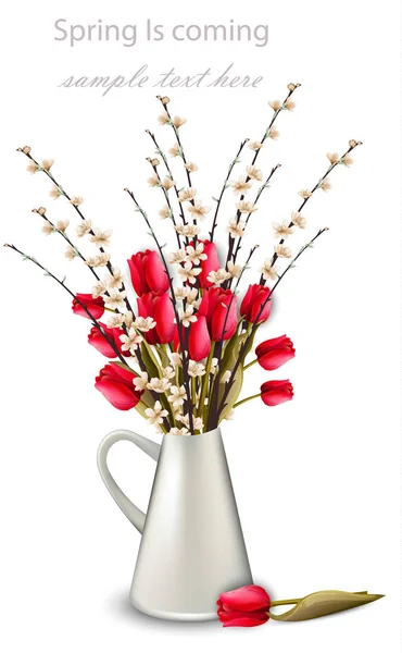 Tulpen und Kirschblütenzweige in einer weißen Vase — Stockvektor