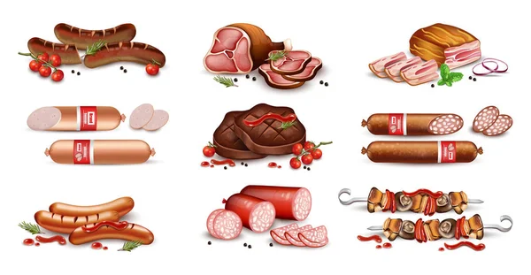 Carnes conjunto coleção Vector realista. Salsicha, salame, bacon e churrasco ilustrações detalhadas — Vetor de Stock