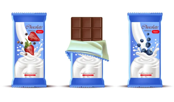 Barretta di cioccolato alla fragola con spruzzata di crema al latte Vector realistica. Confezionamento prodotti etichette — Vettoriale Stock