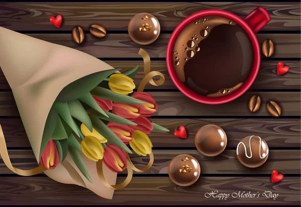 Tulpenblumen Strauß und Kaffeetasse Vektor realistische Illustrationen. Pralinen Süßigkeiten Dekore — Stockvektor