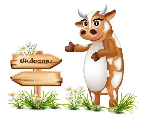 Señal de madera de bienvenida con una vaca feliz Vector ilustraciones — Archivo Imágenes Vectoriales