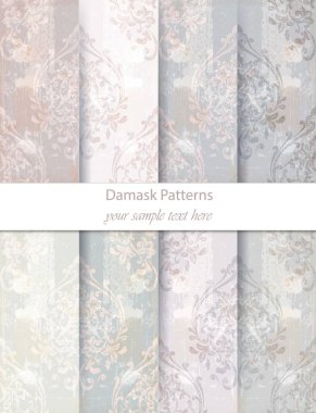 Damask desenler koleksiyon vektör ayarlayın. Barok çiçek süsleme dekor. Antika arka plan. Dokular kumaş pastel renkler