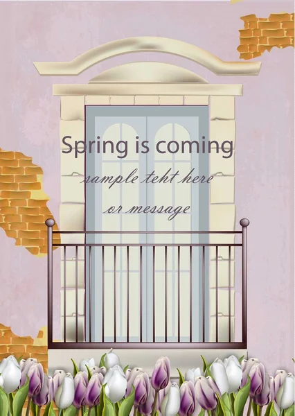 Balkonfassadenvektor. Romantische Frühlingskarten — Stockvektor