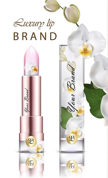 Kosmetyki szminki realistyczne wektor z flower wystroju. Makieta opakowania produktu. Miękkie zapachy Orchidea — Wektor stockowy