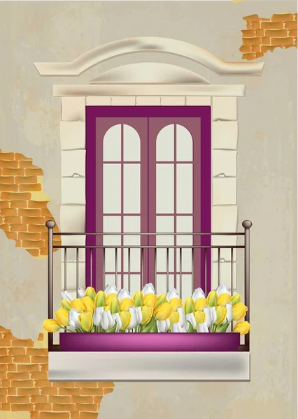 Balcón fachada Vector. Tarjetas románticas de primavera — Vector de stock