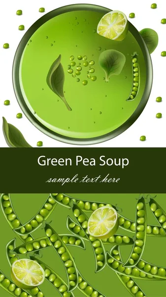 Soupe de pois verts Vecteur réaliste. Modèle de menu vue du dessus — Image vectorielle
