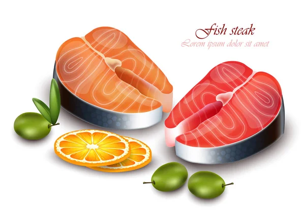 Salmon steak Vector realistis. Ilustrasi daging ikan yang rinci - Stok Vektor