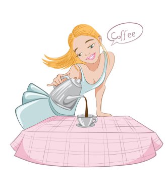 Güzel kız kahve bir fincan vektör dökme. Çizgi film karakteri çizimler