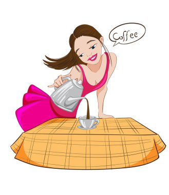 Güzel esmer kız kahve bir fincan vektör dökme. Çizgi film karakteri çizimler