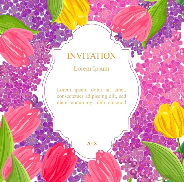 Vintage λιλά και τουλίπα λουλούδια εικονογραφήσεις διάνυσμα κάρτα πρόσκληση — Διανυσματικό Αρχείο