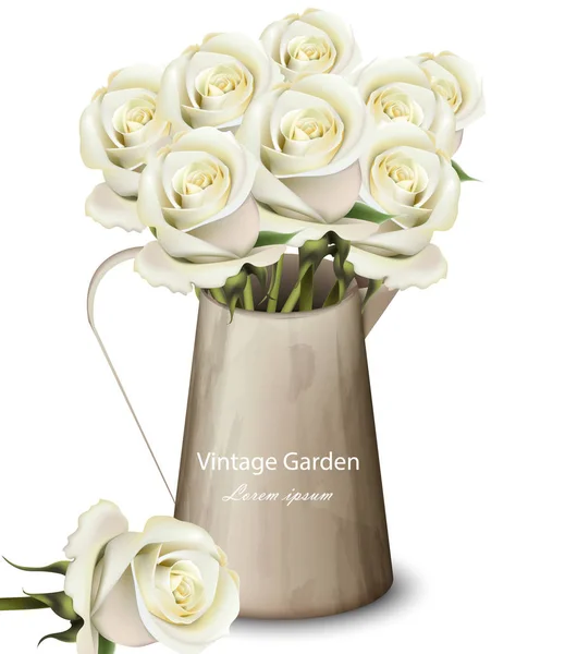 Rosas blancas Ramo vintage Vector realista. Ramo de flores en una olla. 3d ilustraciones detalladas — Vector de stock
