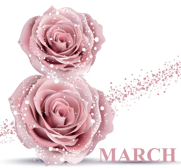 8 de março em rosas Vector realista. Cartão de dia das mulheres —  Vetores de Stock