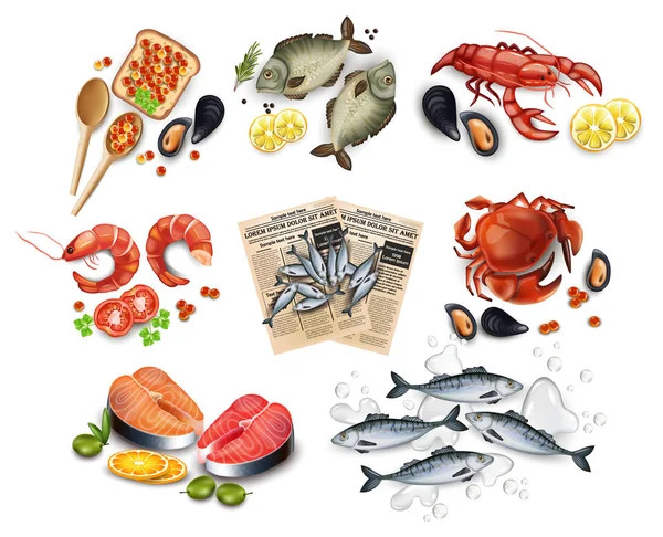 Raccolta di set di frutti di mare Vector realistico. Bistecca di salmone, granchi, pesci, gamberetti e caviale — Vettoriale Stock