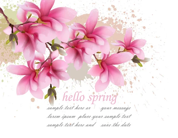 Hallo Frühling rosa Blumen Karte Vektor. Aquarell spritzt schönen Gruß. Heikle Hintergründe — Stockvektor