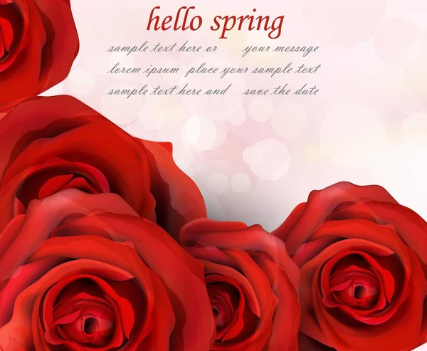 Hello spring red roses Vector. Romantic passional greeting card templates — Stock Vector