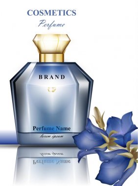 Hassas mavi çiçek koku ile parfüm şişesi. Gerçekçi vektör ürün ambalaj tasarımları
