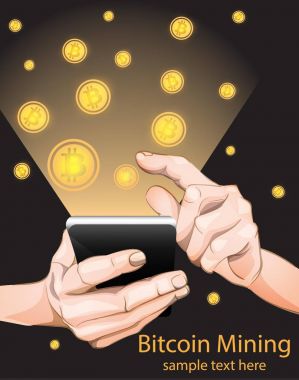 Mining Bitcoin akıllı telefon üzerinden. Vektör çizimler