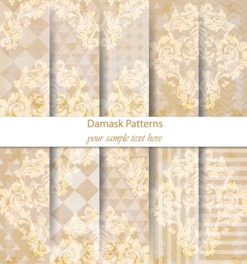 Damask desenler koleksiyon vektör ayarlayın. Modern arka plan üzerinde Barok süsleme. Vintage dekor. Son moda renk kumaş dokular