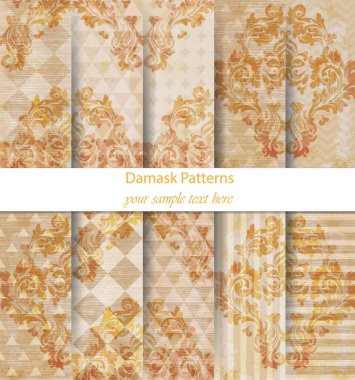 Damask desenler koleksiyon vektör ayarlayın. Modern arka plan üzerinde Barok süsleme. Vintage dekor. Son moda renk kumaş dokular