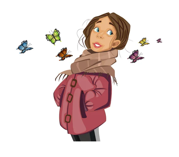 Teenage Girl cartoon character and butterflies Vector. Spring season moods — Stock Vector