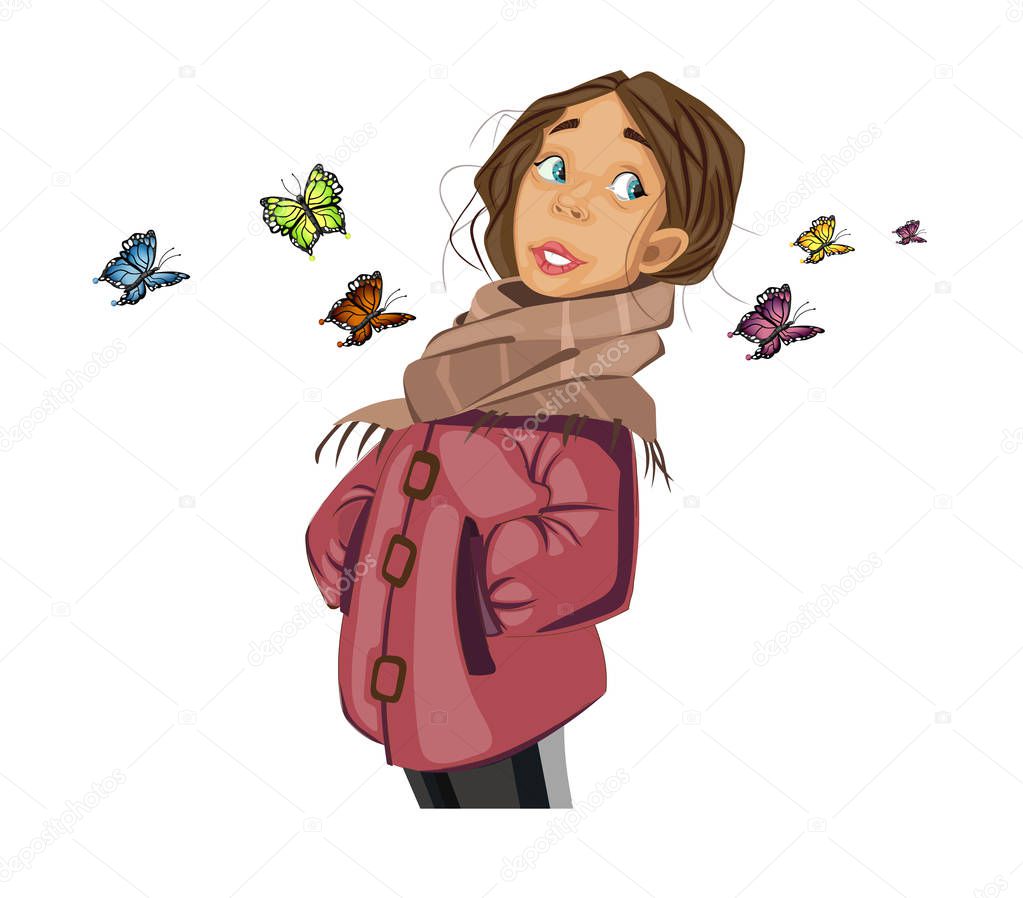 Teenage Girl cartoon character and butterflies Vector. Spring season moods