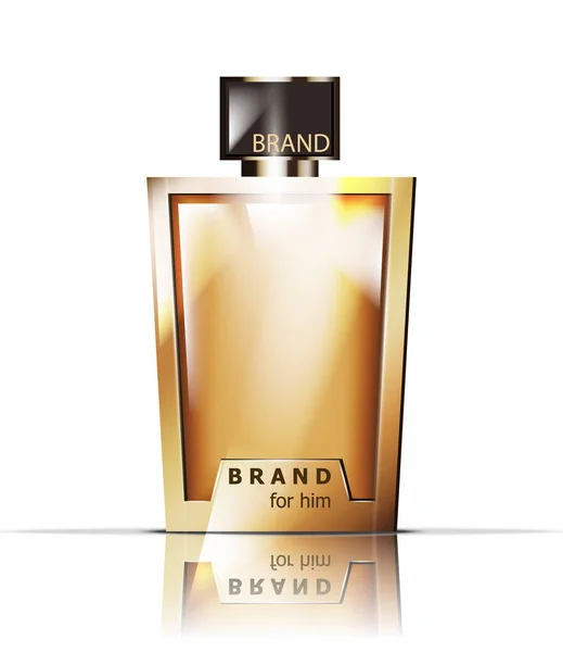 Flacon de parfum doré Vector. Emballage du produit illustration 3D détaillée réaliste. Parfums de luxe — Image vectorielle