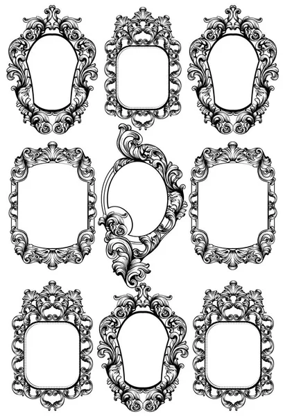 Барочный зеркальный кадр. Элементы дизайна векторного имперского декора. Богатые украшения линейного искусства — стоковый вектор