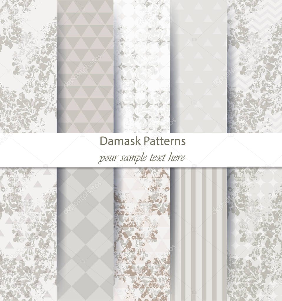 Damask pattern set collection Vector. Baroque ornament on modern abstract background. Vintage decor. Trendy color fabric textures