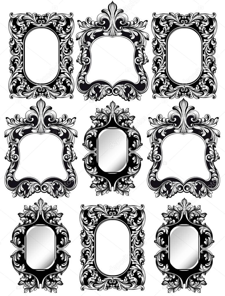 Baroque frames set decor. Detailed rich ornamented framework. Vector illustration graphic line arts