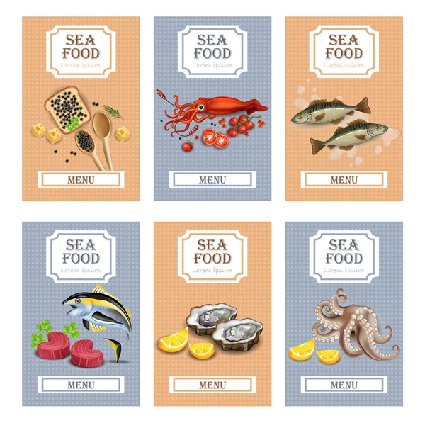 Карточки меню морепродуктов Вектор реалистичный. Шаблон с устрицами, тунцом, осьминогом и икрой — стоковый вектор