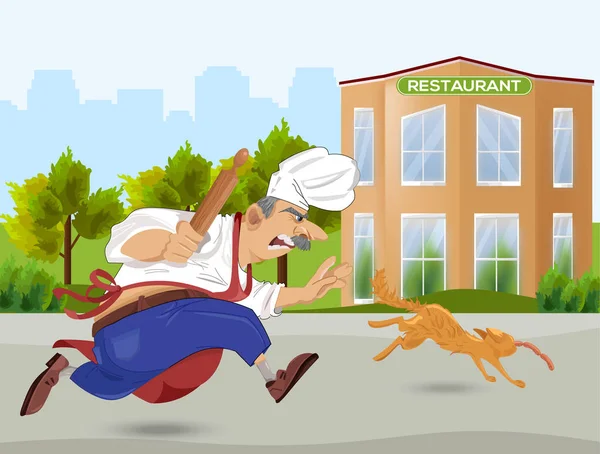 Jefe de cocina persiguiendo a un gato Vector. Personaje de dibujos animados. Fondos de restaurante al aire libre — Vector de stock