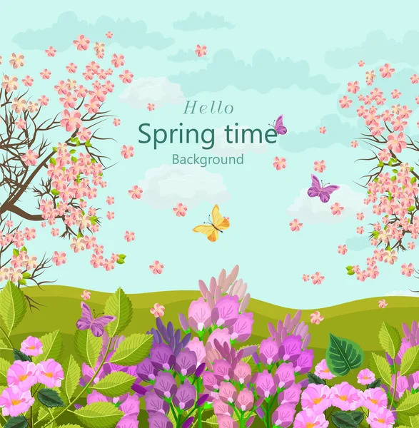 Spring time card avec des fleurs vectorielles. fond floral Styles plats — Image vectorielle