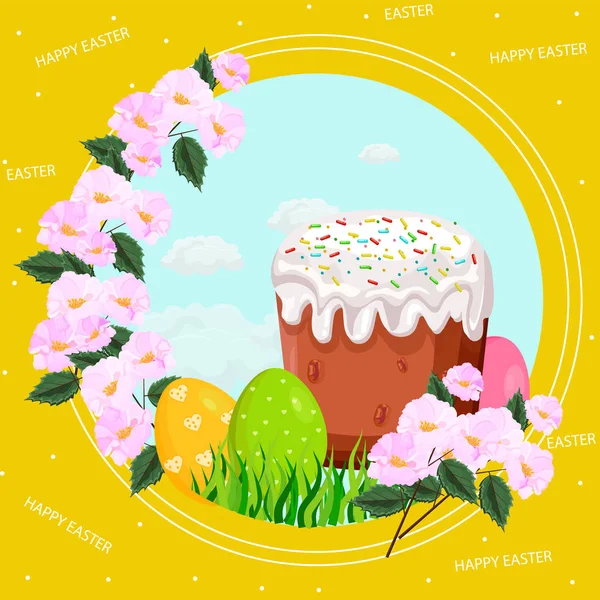 Easter holiday card with eggs and sweet bread Vector — Stock Vector