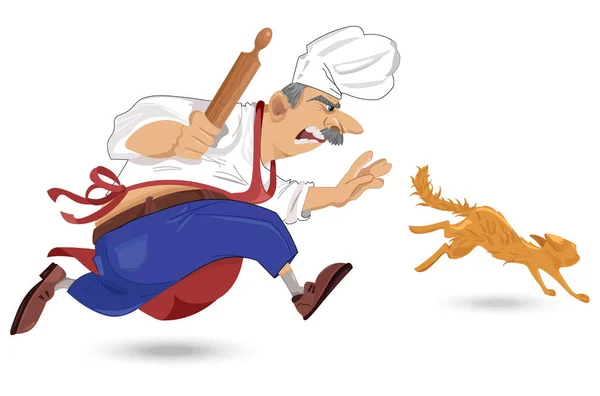 Chef cuisinier pourchassant un vecteur de chat. Un personnage de bande dessinée. En plein air milieux restaurant — Image vectorielle