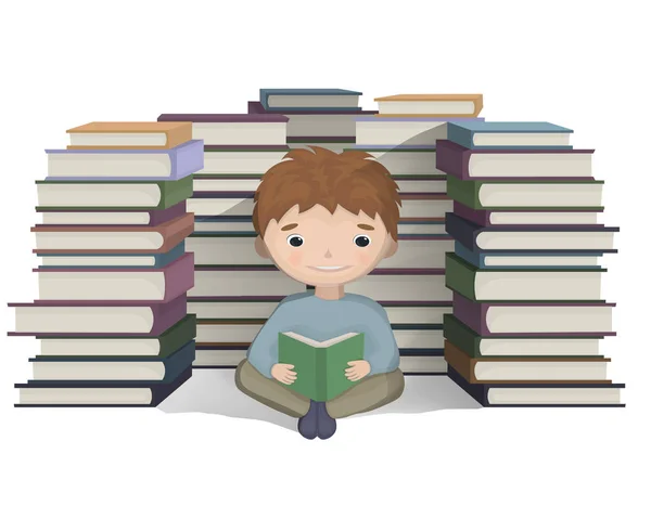 Boy reading a bunch of books Vector. knowledge symbols — Stock Vector