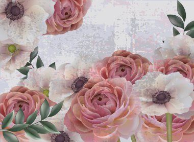 Vintage bahar çiçekleri vektör arka plan. Gül ve haşhaş çiçek desenli. Retro tarzı dekorlar