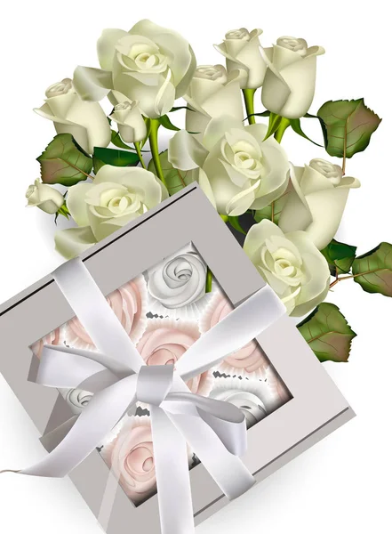 Boîte cadeau meringues douces et bouquet de roses blanches Vector — Image vectorielle