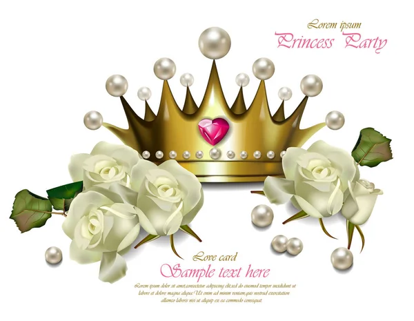 Hermosa corona de perlas y rosas blancas Vector realista. Princesa partido tarjetas — Archivo Imágenes Vectoriales