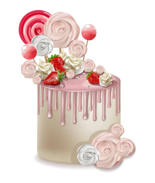 Happy Birthday pink cake Vector realistic. Lollipops and meringues on top. 3d detailed illustrations — Stock Vector