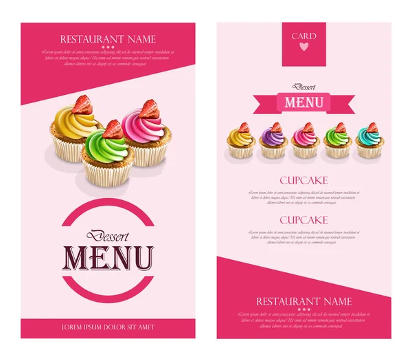 Menu Dessert Cupcakes Vector réaliste. modèle de mise en page de cadre de bannière illustrations 3d — Image vectorielle