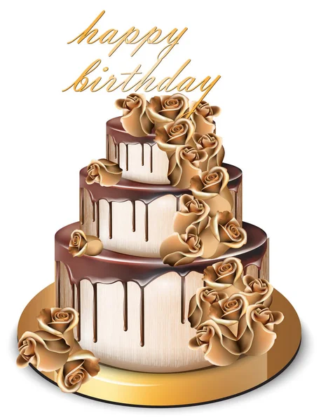 幸せな誕生日ゴールデン ケーキ ベクトル。金のバラの花の甘いデザインでおいしいデザート — ストックベクタ