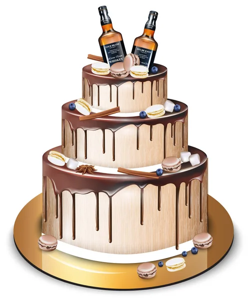 Feliz cumpleaños delicioso pastel Vector. Decoración de botellas de whisky y macarrones. diseños de dulces modernos — Vector de stock