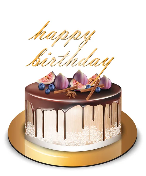 幸せな誕生日のモダンなケーキ イチジク フルーツ ベクトルの。おいしいデザートに甘いデザイン — ストックベクタ