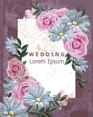 Daisy ve gül çiçek vektör Vintage çerçeveli. Düğün davetiyesi narin çiçek dekor. Eski Grunge etkisi. 3D çizimler