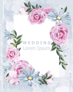 Gül çiçek vektör ile hassas Vintage çerçeve. Düğün davetiyesi çiçek dekor. Eski Grunge etkisi. 3D çizimler