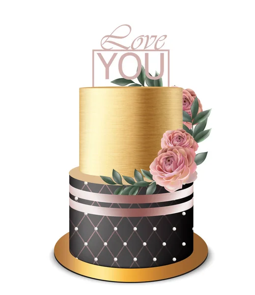 Golden Cake Vektor realistisch. Geburtstag, Jahrestag, Hochzeit luxuriöse Desserts — Stockvektor
